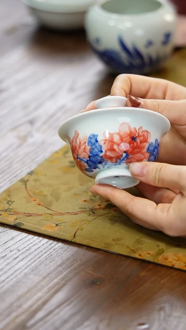 景德镇陶瓷茶器写意牡丹盖碗