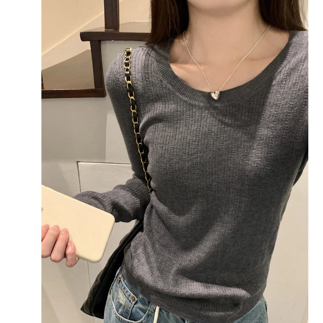 杏色小个子内搭长袖套头毛衣针织衫女秋冬修身显瘦短款打底衫上衣