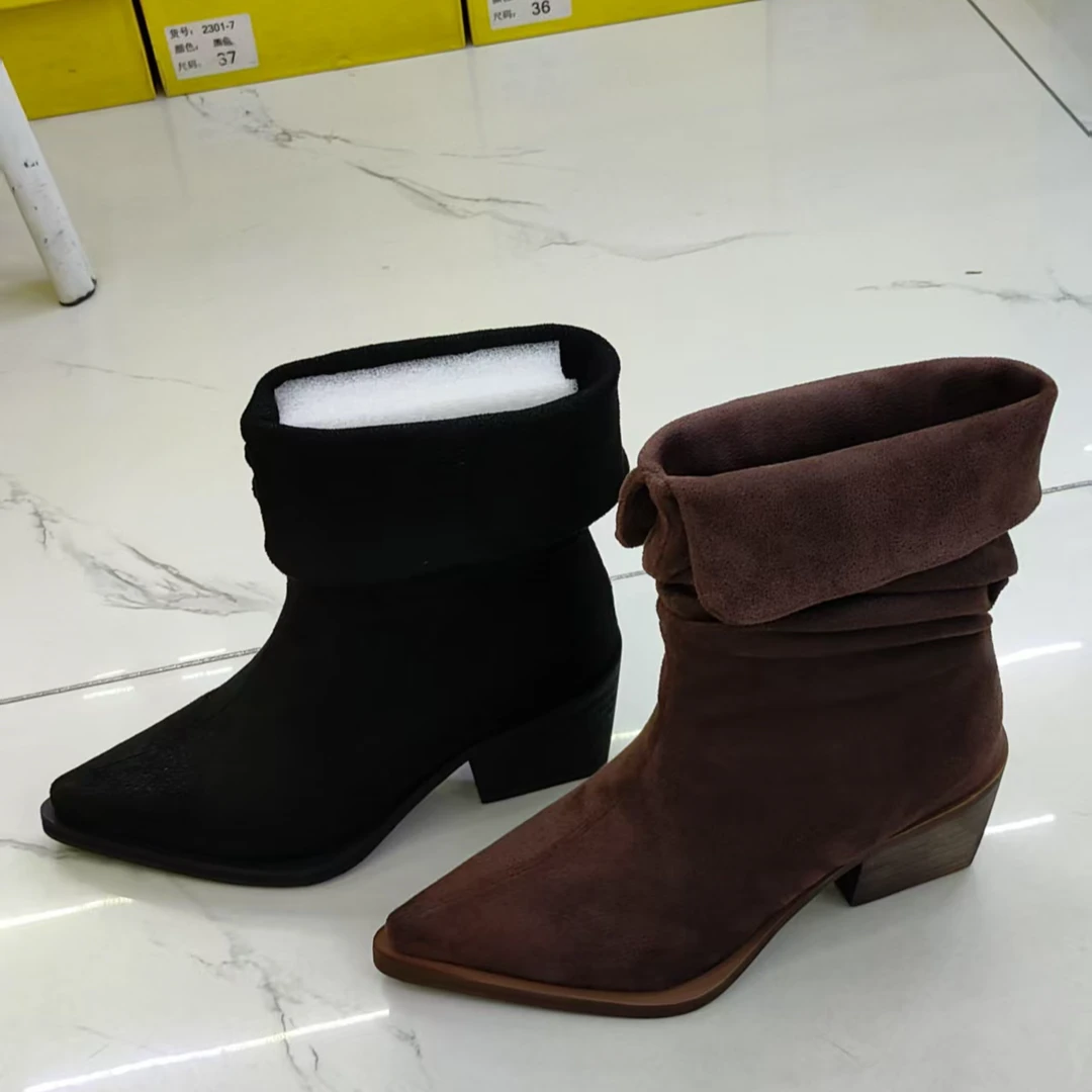 2025秋冬新款小个子牛西部仔靴女短靴粗跟马丁靴子