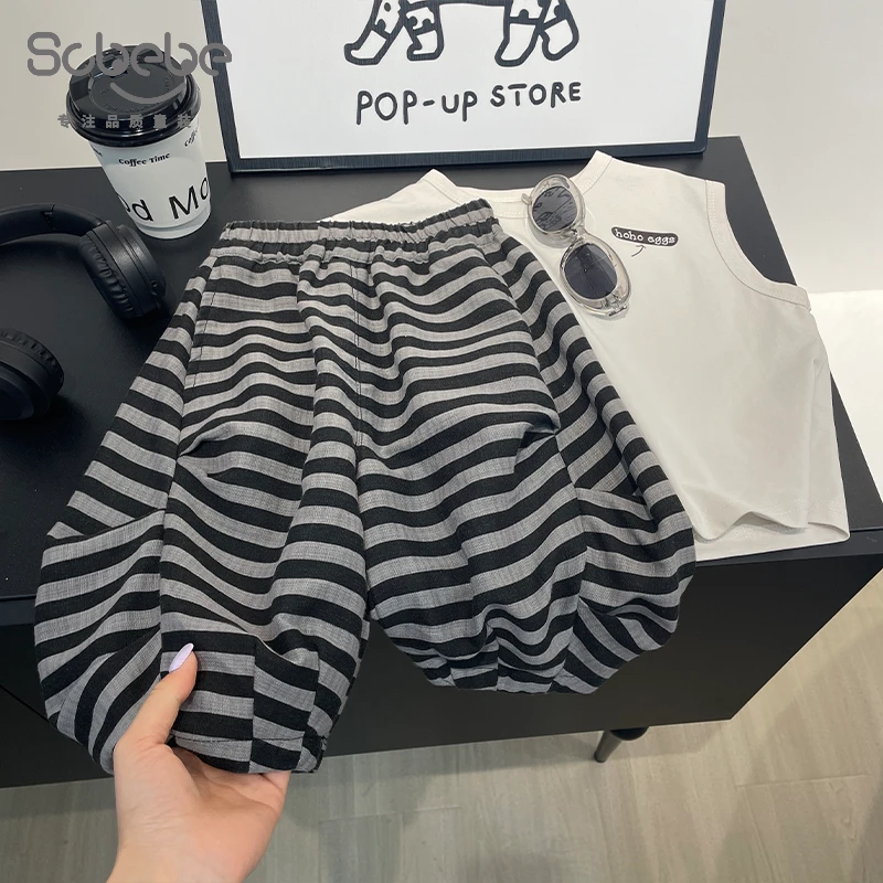 【仟与】儿童七分裤夏季新款男童韩版拼接黑灰条纹裤子CK091