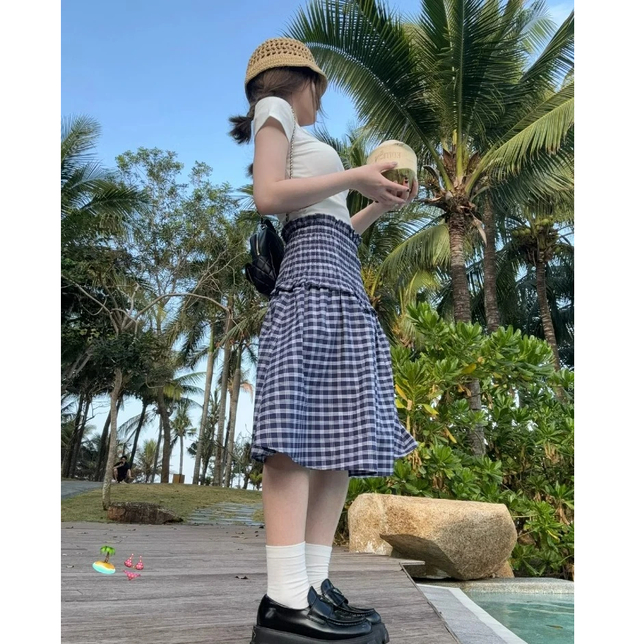 格子半身裙女春夏花苞短裙a字包臀中长裙高腰遮肉小个子开春穿搭