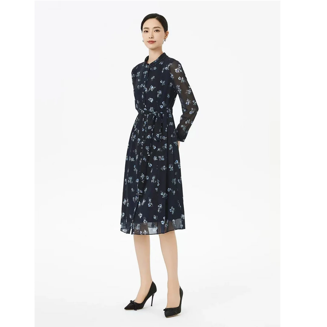 NAERSI/娜尔思气质琥珀流光风系带收腰印花长袖连衣裙NF09859P5