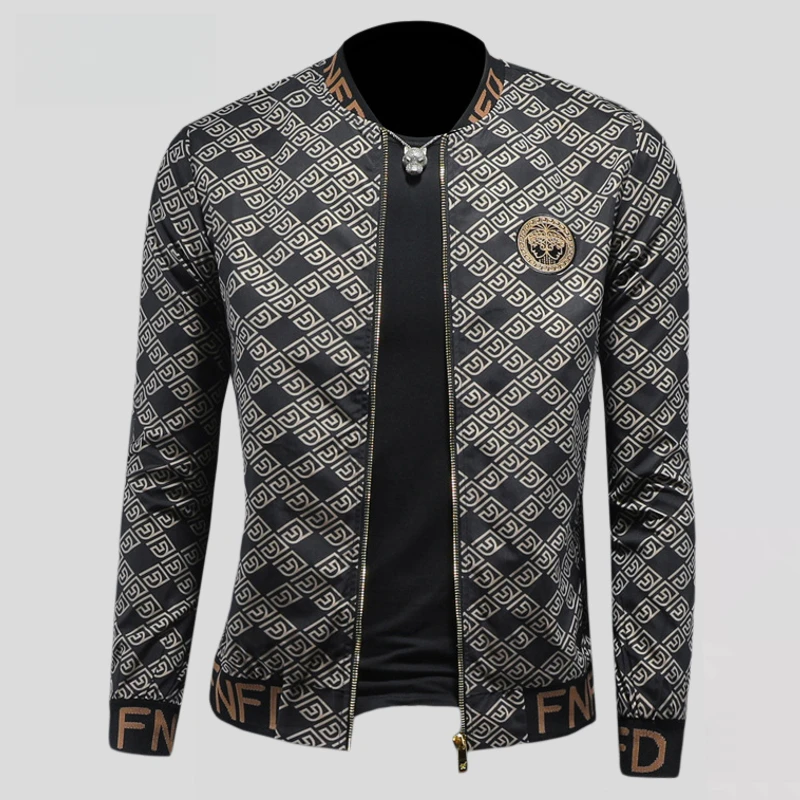 内米霍切春秋立领长袖夹克男潮流复古印花刺绣棒球领休闲外套修身