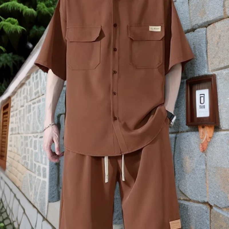 夏款冰丝衬衫套装大码宽松衬衣短裤痞帅搭配青少年时尚潮流两件套