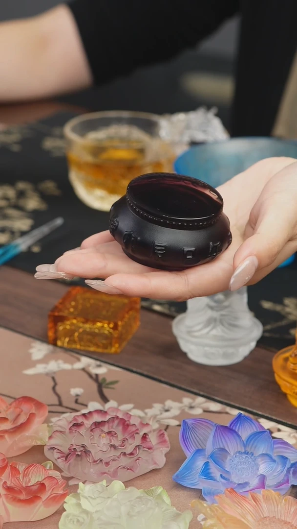 手工艺品琉璃古法琉璃紫色十二时辰鼓形盖置