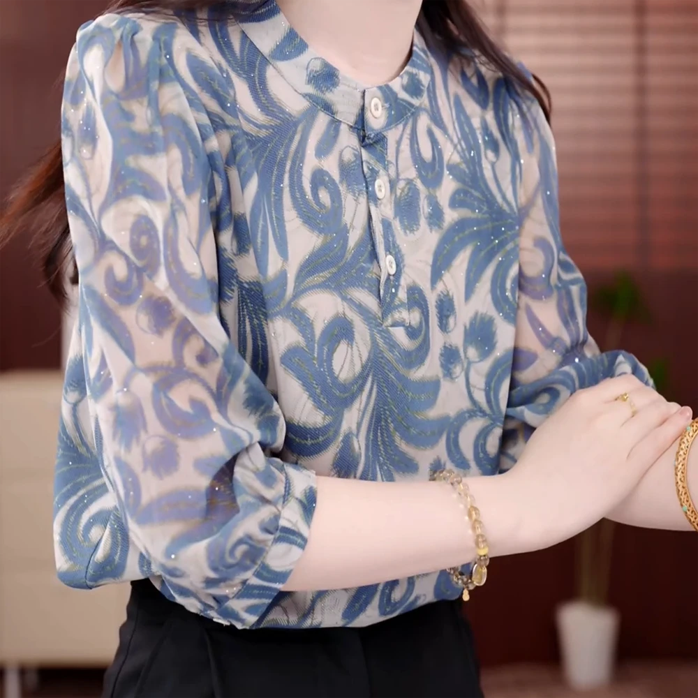 青花映雪2025新款夏季女士复古轻奢优雅减龄百搭宽松气质衬衫女