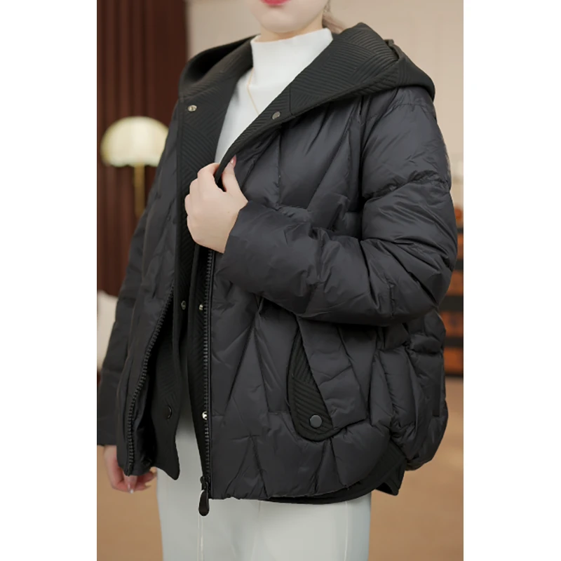 时尚流行假两件设计羽绒服2025冬季新款洋气减龄连帽上衣