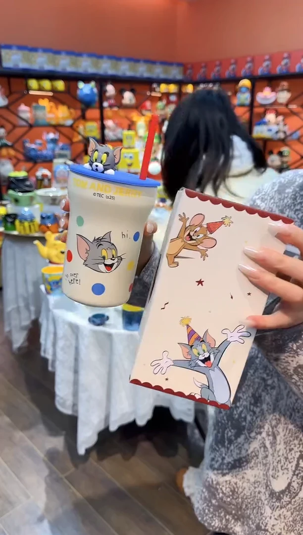 瓷片@@猫和老鼠蓝色带盖陶瓷吸管杯