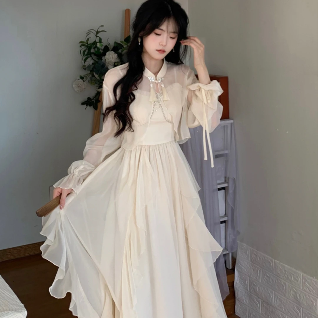 Blovelan白芷江篱 新中式气质荷叶边雪纺吊带裙