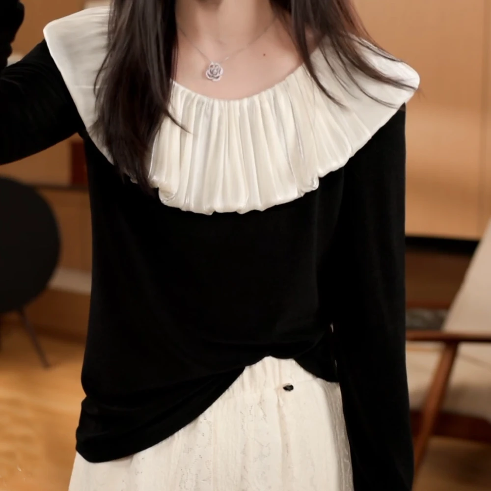 2025春季新款时尚荷叶领口边设计百搭衬衫女时尚气质长袖上衣