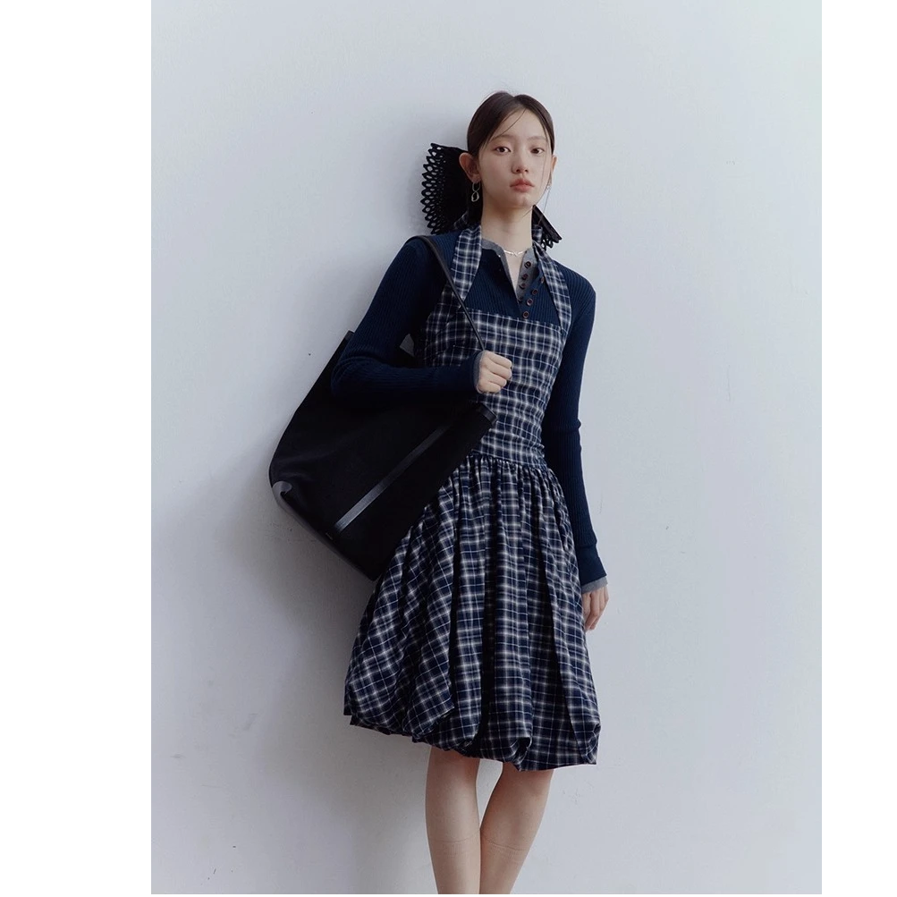 新款原创蓝调甜辣兰格纹挂脖花苞收腰显瘦气质修身ins风连衣裙女