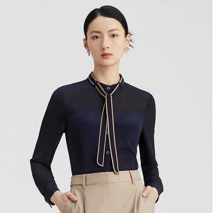 【晨粉专享价】春季商务通勤撞色百搭系带衬衫女上衣XE00674P7