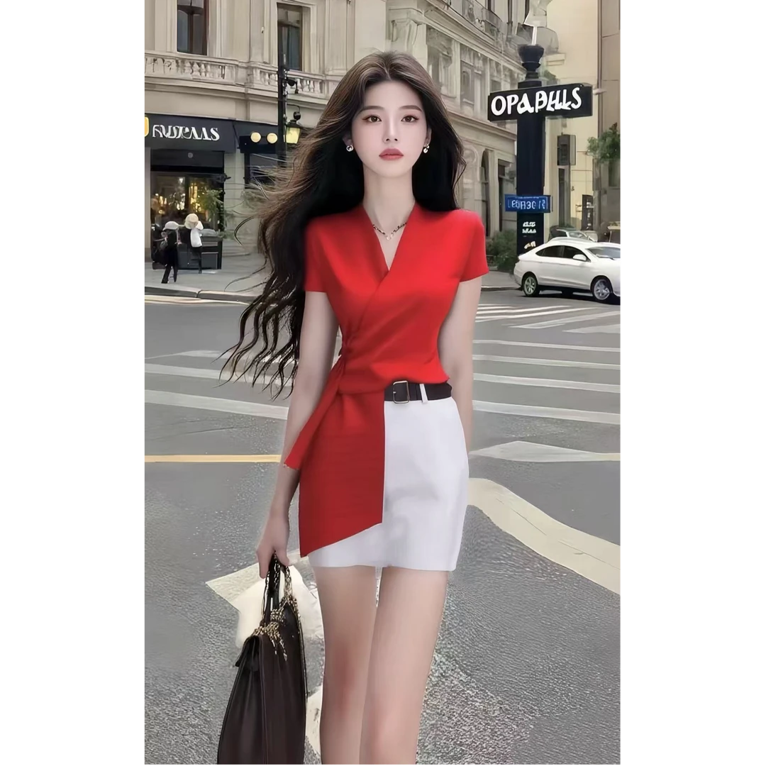 红色V领短袖不规则修身上衣+小众百搭显瘦半身裙女氛围感两件套