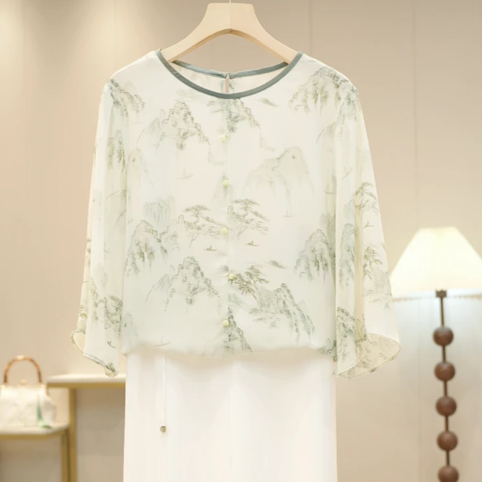 【青山烟雨】夏季套装新款气质妈妈大码百搭真丝衫