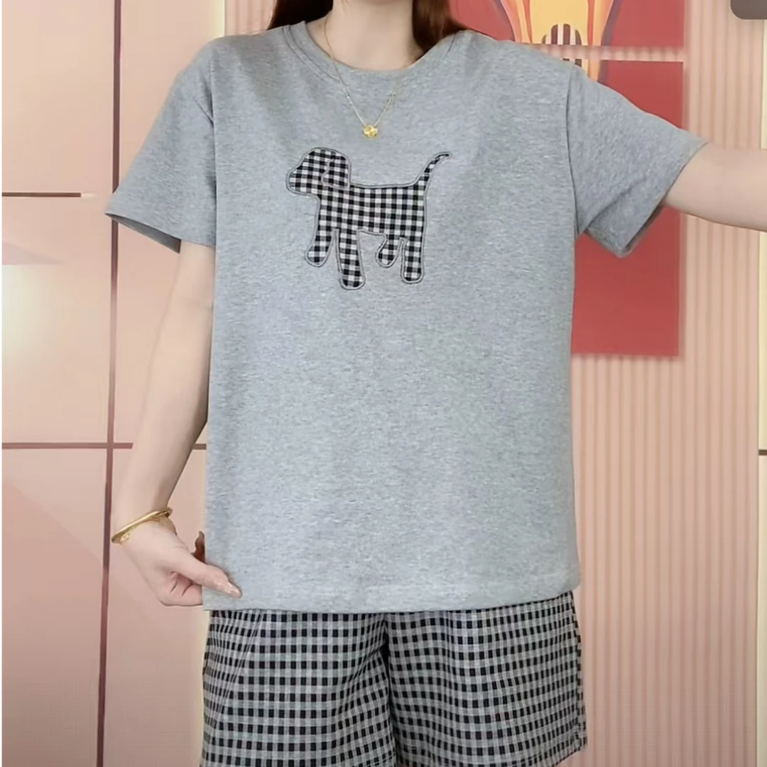 新品带胸垫夏季短袖女休闲舒适家居服外穿睡衣女套装宽松韩版