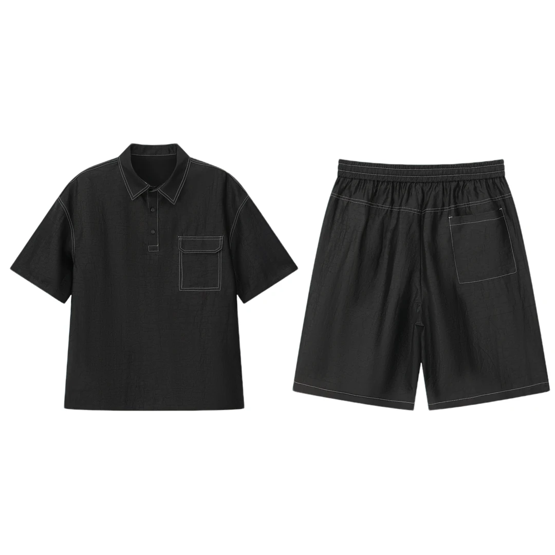 高端香云纱男装桑蚕丝龟裂纹夏季新款休闲时尚翻领短袖短裤套装潮