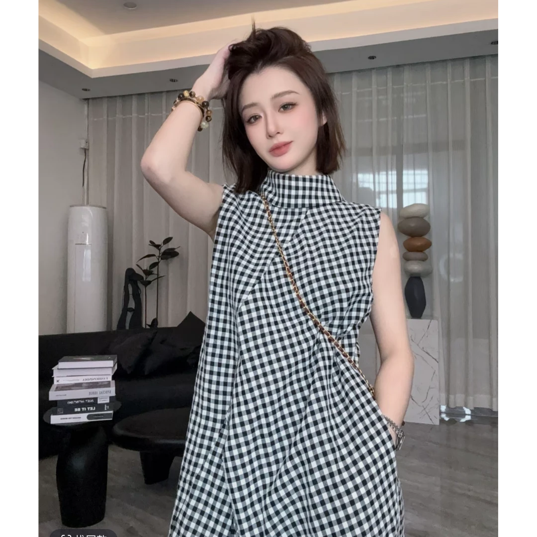 【设计师款】美学小众斜裁山本裙夏季时尚甜美千鸟格气质显瘦连衣裙