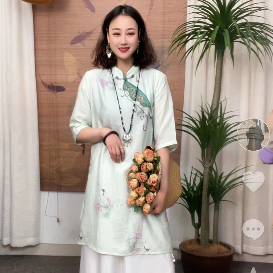 429-4新品显瘦复古新中式百搭气质网红文艺风国风贴布绣中袍