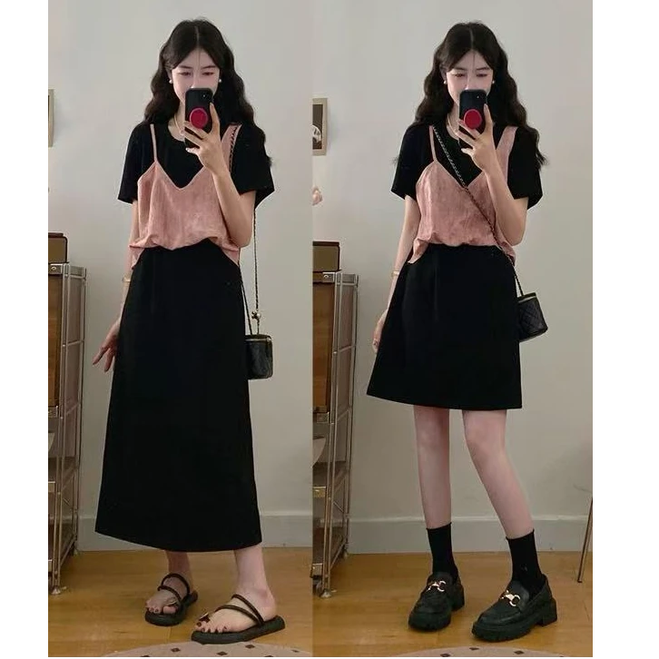 2025夏季大码女装假两件洋气减龄连衣裙显瘦小众闺蜜长短裙1606