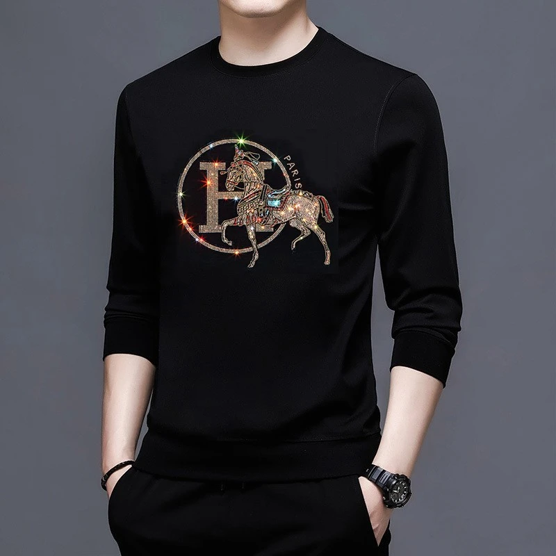 2025秋冬轻奢新款时尚高端烫钻印花卫衣个性字母亮片秋冬男打底衫