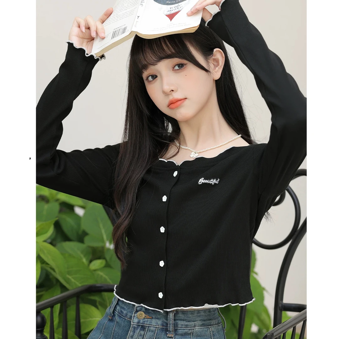 【邻家荷叶衫】2024秋冬刺绣正肩长袖T恤女韩系辣妹上衣