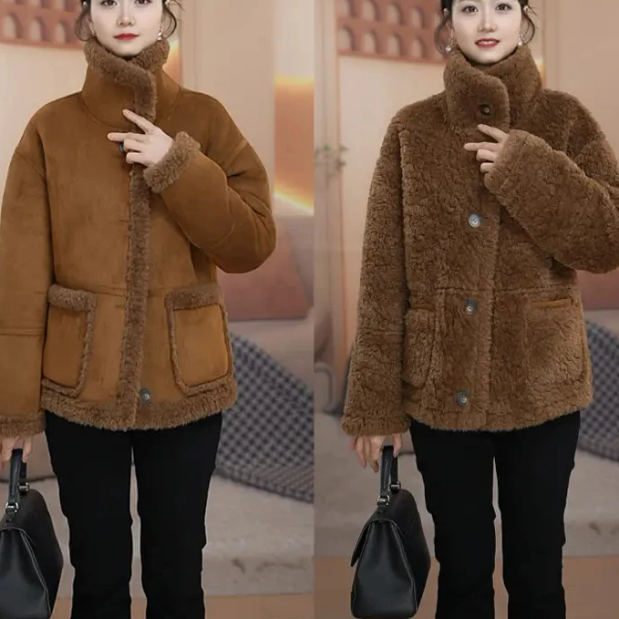 新款颗粒绒皮毛一套女短款保暖时尚加厚绵冬季