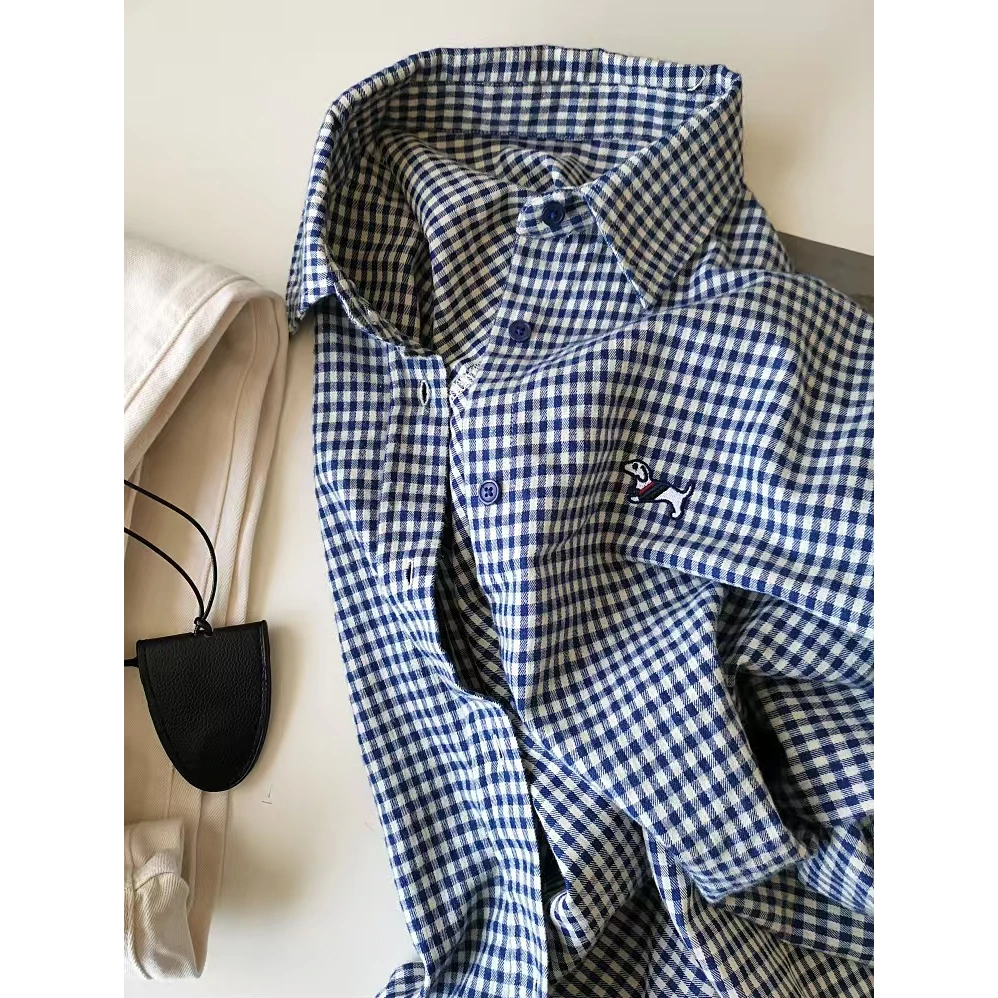 小狗刺绣复古翻领蓝格子衬衫女高级感洋气休闲装减龄衬衣外套春