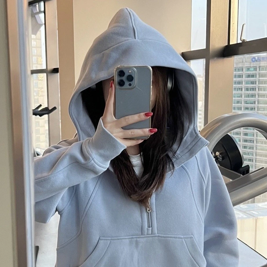 新款刺绣女士宽松半拉链连帽卫衣Scuba秋冬瑜伽外套女式秋季卫衣