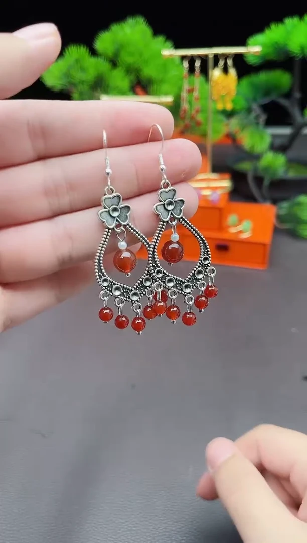 南红玛瑙银S925镶嵌耳饰103000