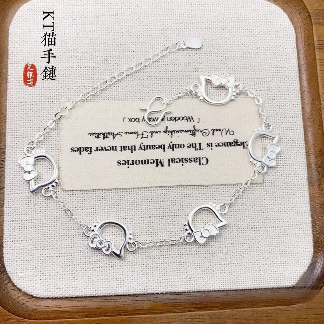 足银手链 新款足银KT猫手链七夕情人节礼物礼盒送女友学生简约