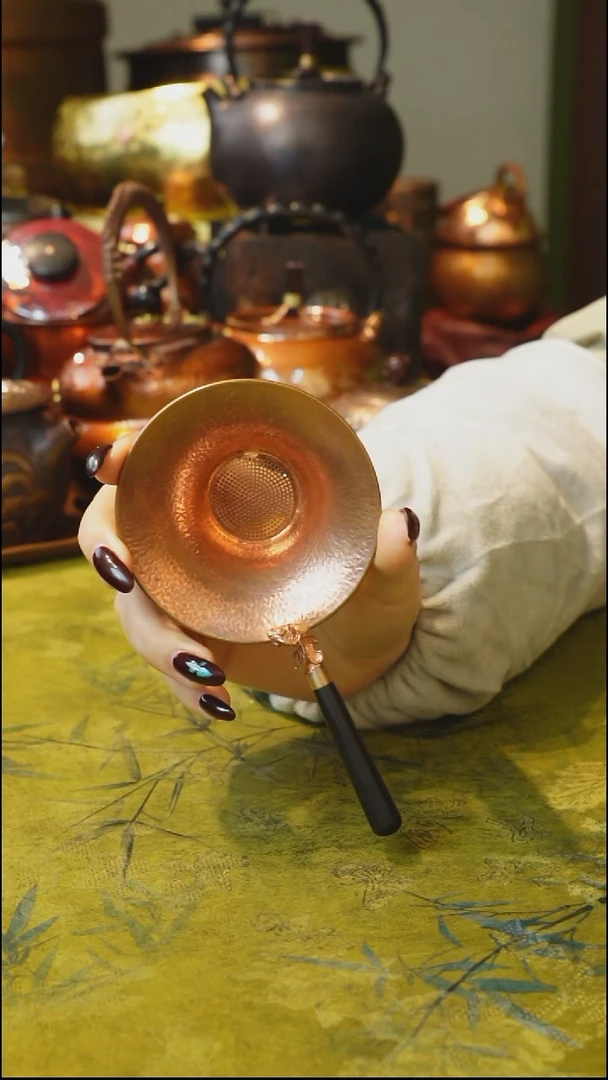 纯紫铜原色木柄茶漏