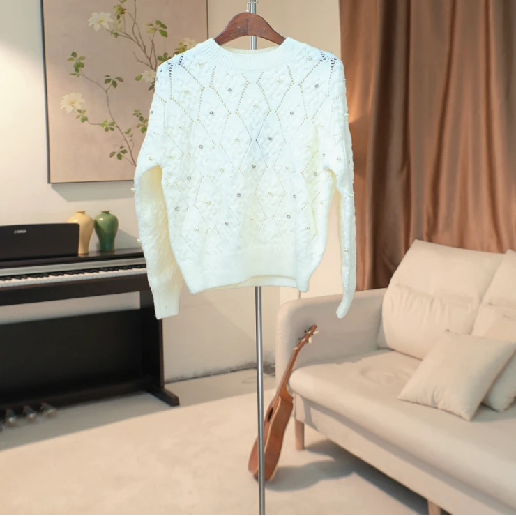 G259 秋冬菱格钉珠立体装饰针织衫女 451A35