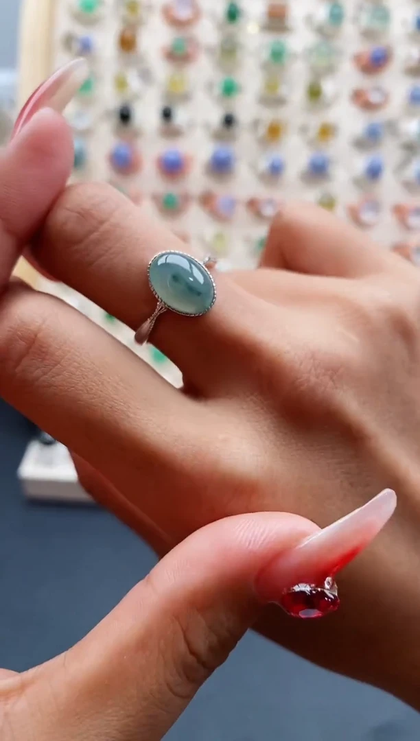 【闪购商品】翡翠戒指银S925镶嵌天然缅甸A货翡翠222 5+1