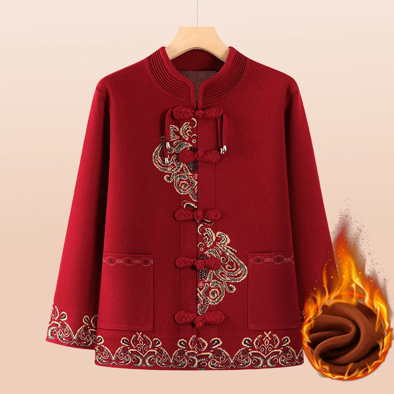 秋冬奶奶新中式开衫外套中国风冬季妈妈装衣服老太太弹力保暖上衣