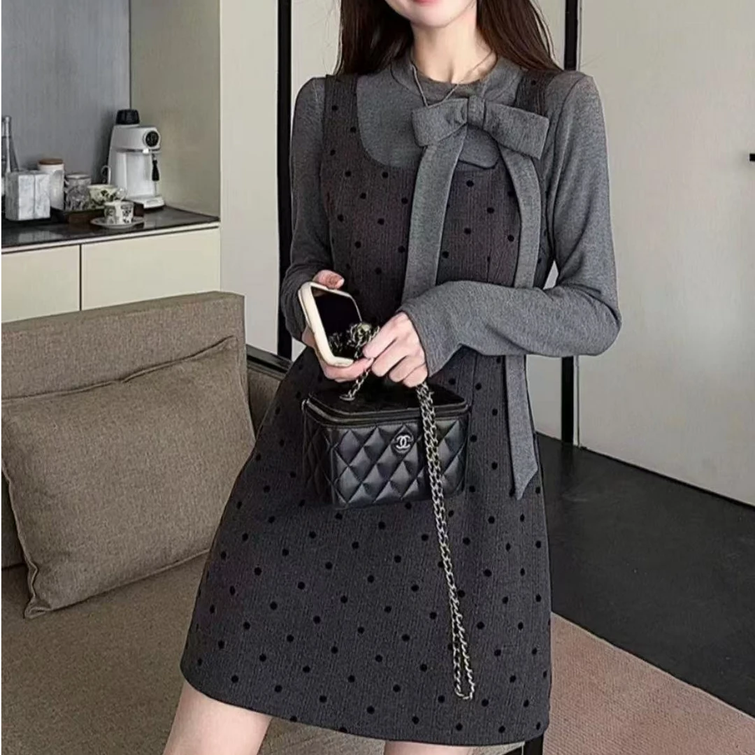 婷婷家韩系叠穿波点吊带连衣裙蝴蝶结气质打底衫春季新款时尚套装