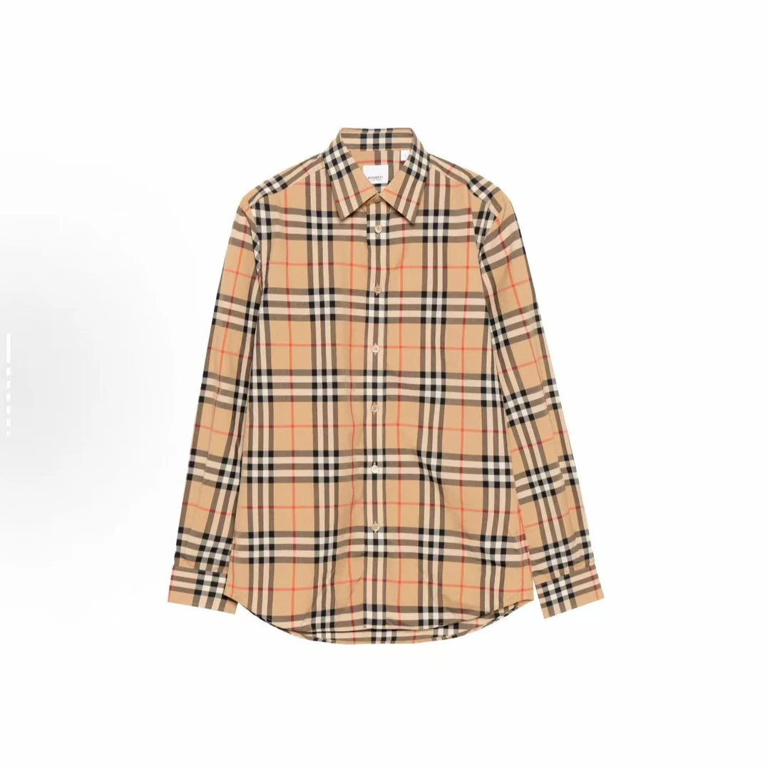 Burberry博柏利 尖领格纹长袖珍珠贝壳扣衬衫 男款80208631