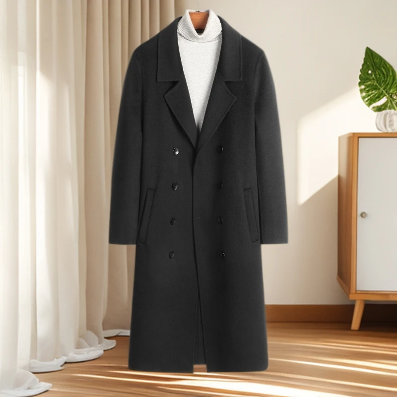 新款秋冬羊毛双面呢大衣高级感毛呢外套男士过膝羊毛大衣韩版潮流