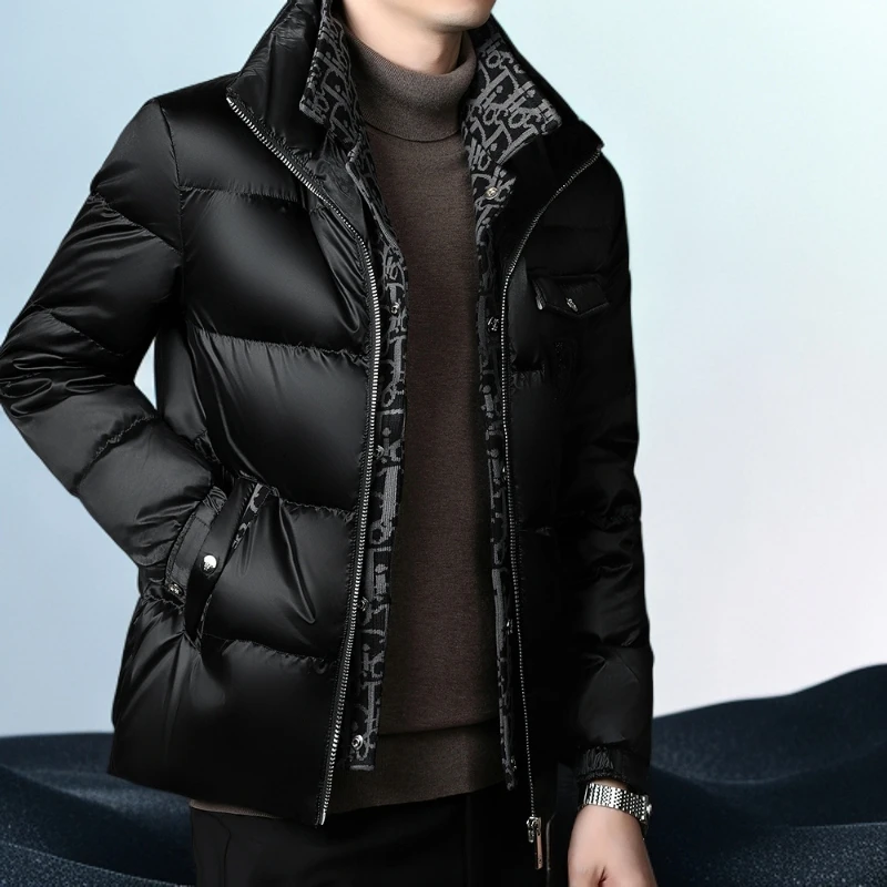 巴赛娜缇冬季时尚立领羽绒服男士加厚保暖短款夹克外套假两件上衣