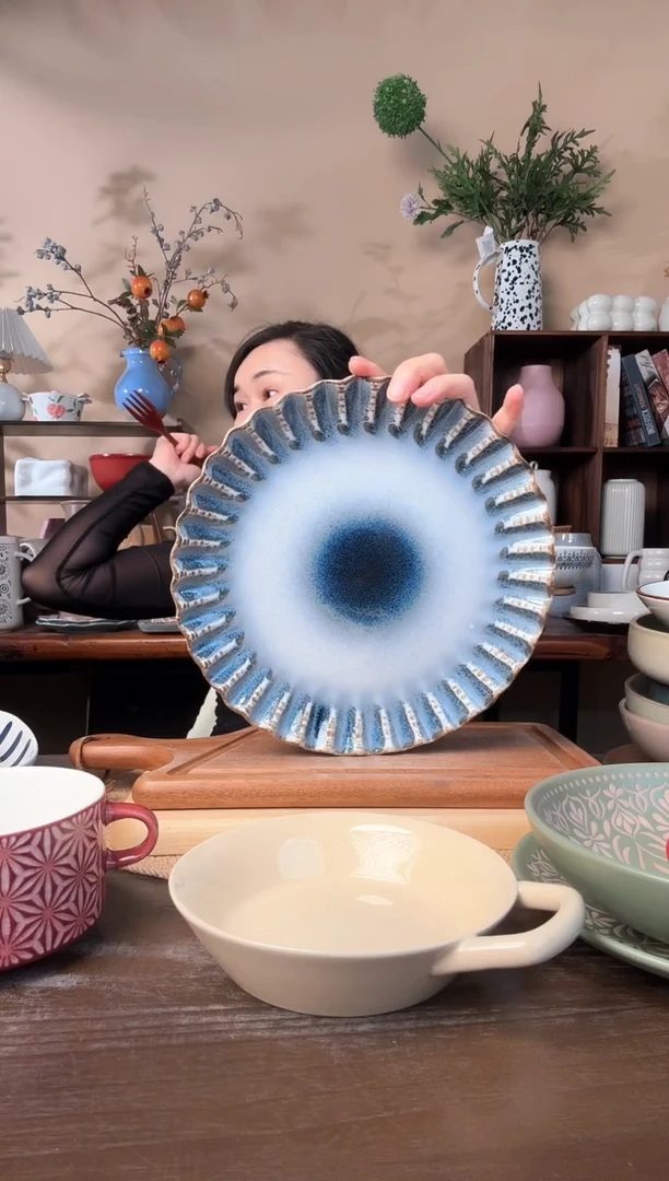 10英寸窑变花边大平盘微瑕