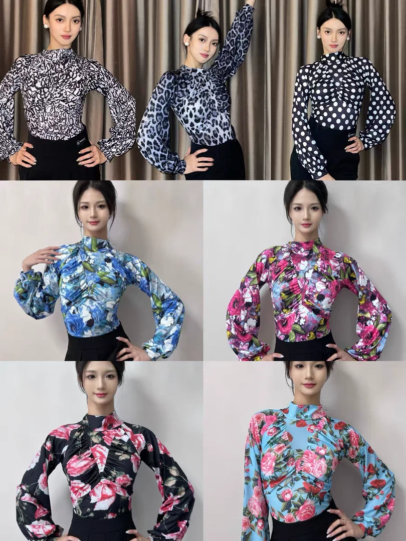鲸艺摩登舞服长袖上衣豹纹波点蓝红黑色印花连体衣练舞艺考表演女