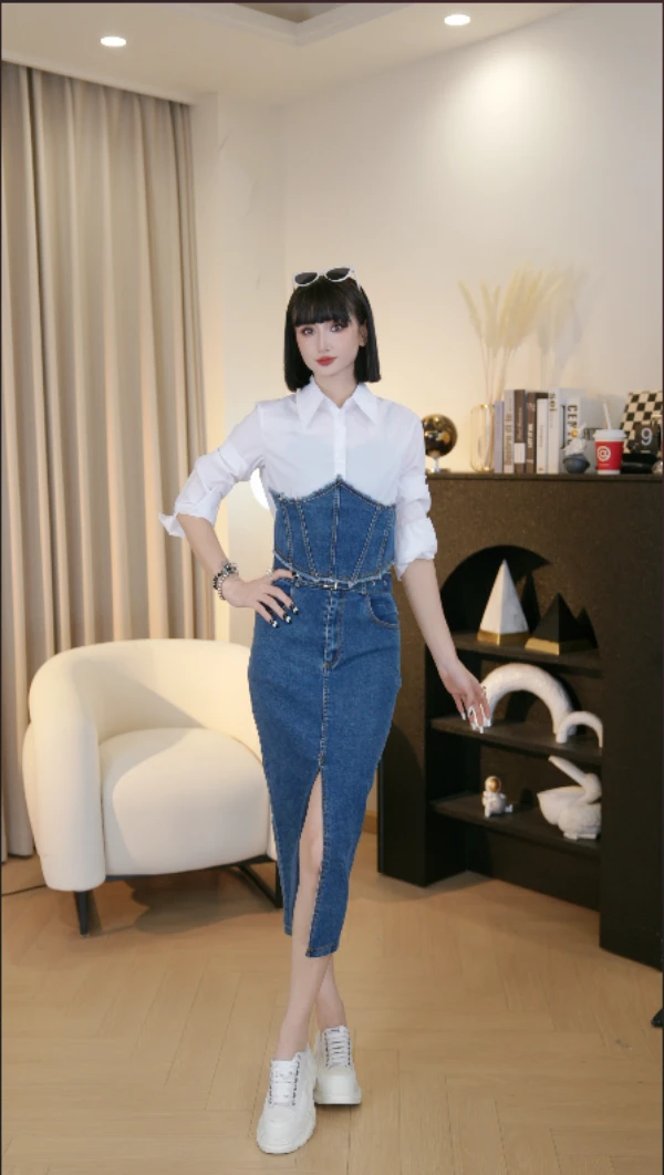 【努尔Ayi】春夏新款牛仔拼接设计衬衫裙子两件套83126