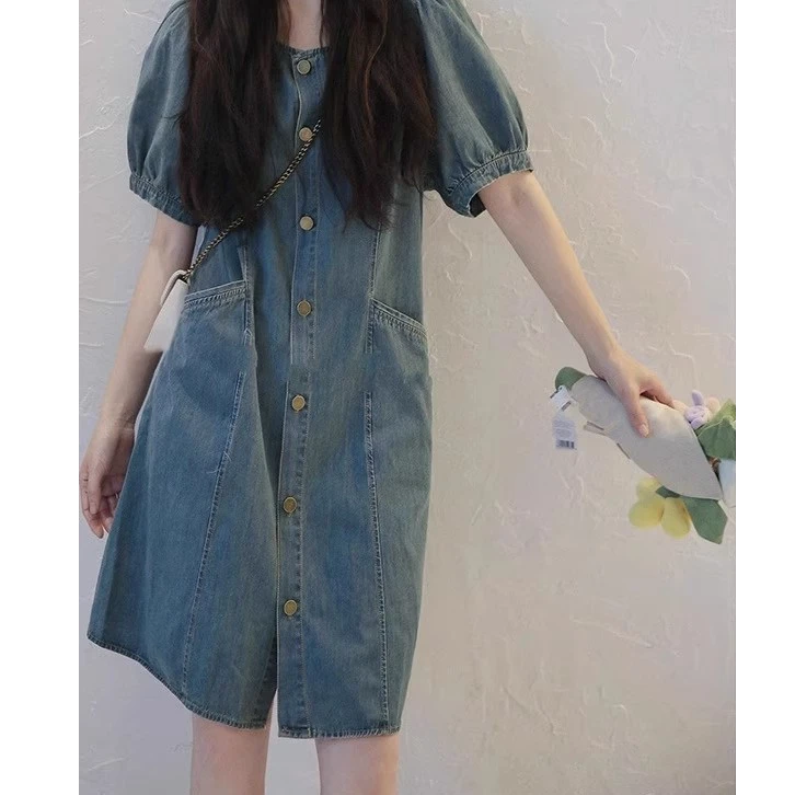 2025新款设计感法式蓝色泡泡袖气质连衣裙女装夏季牛仔裙子