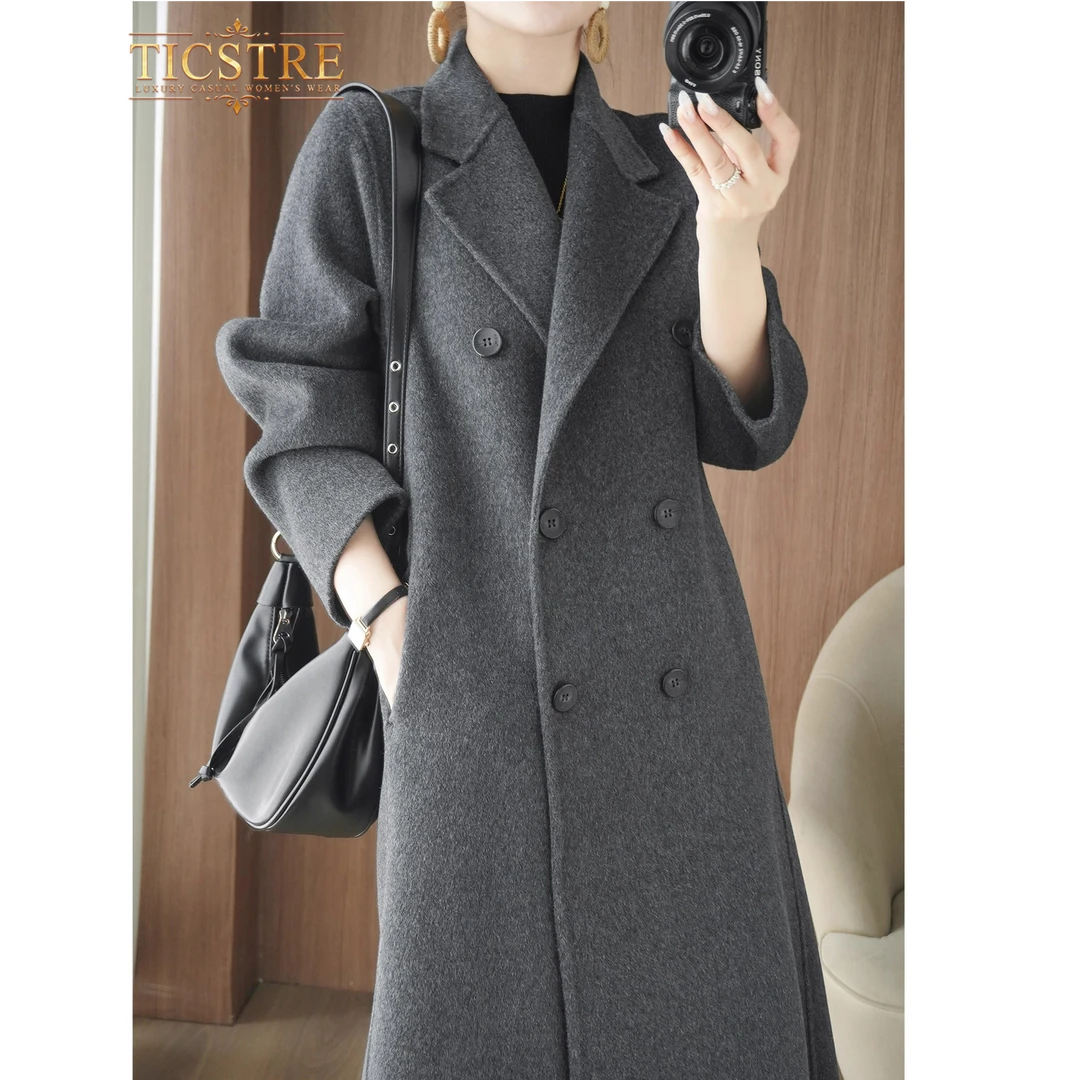 TICSTRE秋冬新高端双面羊绒大衣女赫本风中长款过膝羊毛呢外套