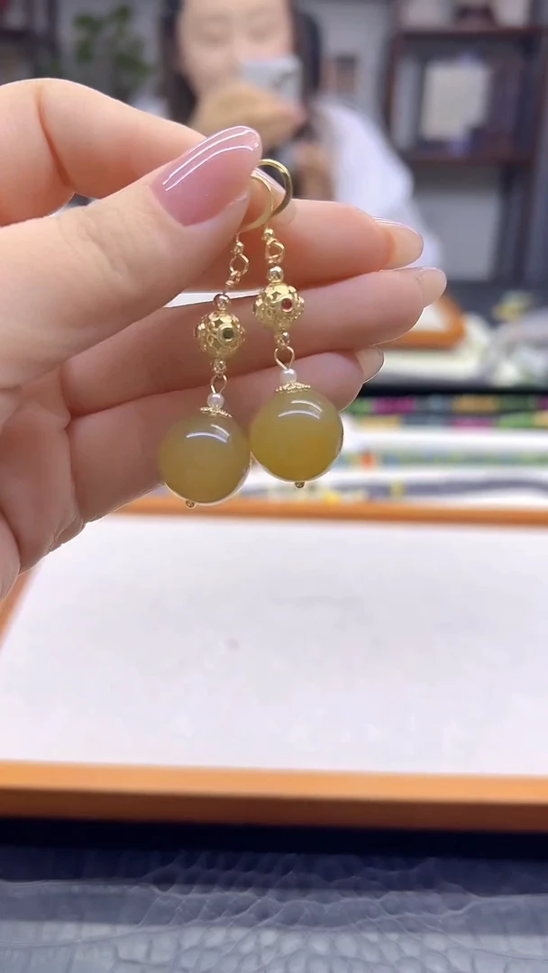 14K金镶嵌和田玉耳饰DIY款E247