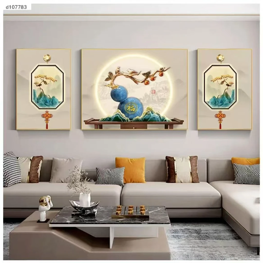 【福禄高升】客厅三联画简约沙发背景墙挂画晶瓷镶钻装饰画