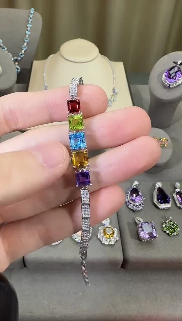银S925镶嵌手链水晶8mm多彩宝手链简约款