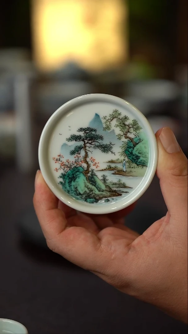 王钢全手工手绘山水盖置