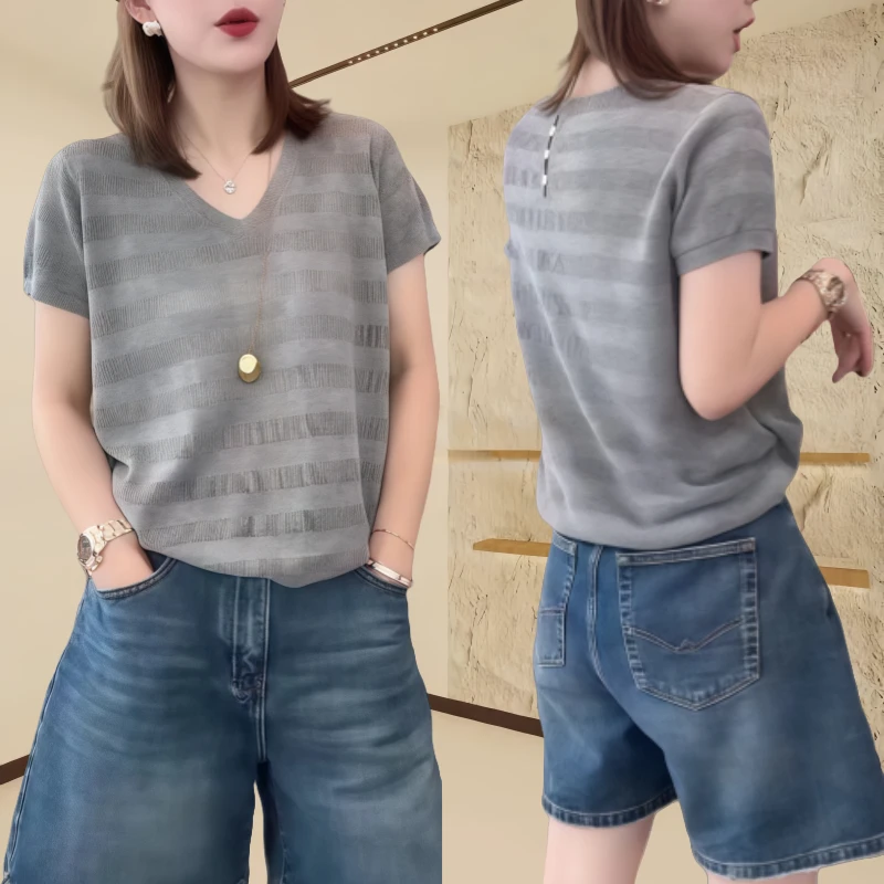 贝贝 后背单排扣条纹短袖针织衫女款爆款2025新款减龄显瘦上衣