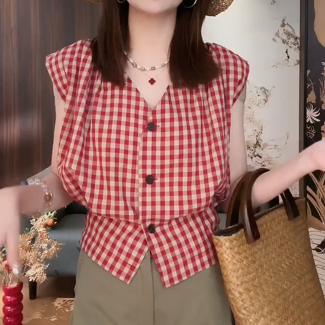 （超显白）夏季2025新款格子高级感无袖T时尚短袖衬衫女LK2503537