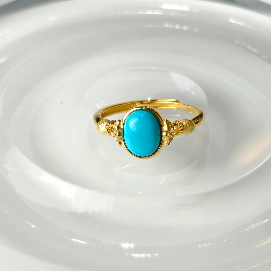 【珠宝厂长】约6*8mm绿松石暴力蓝S925银镶戒指